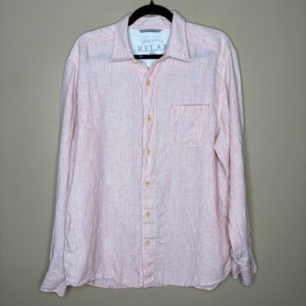 Tommy Bahama Relax Mens Large Pink White Striped 100% Linen Button Front Shirt - Picture 2 of 8